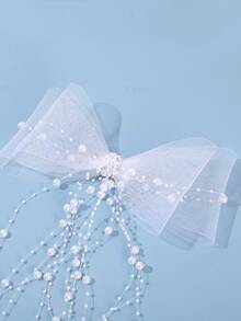 1 pièce Pince à cheveux alligator élégante et à la mode avec nœud surdimensionné, maille, perles et franges, accessoire pour voile de mariée, convient pour mariage et fête - Blanc - Voir 3