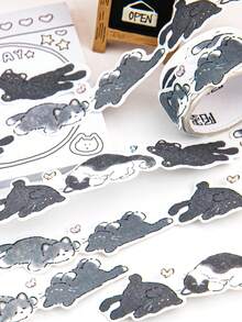 1/6 捲貓咪主題亮粉和紙膠帶 不對稱自黏膠帶 可愛手繪插圖 適合剪貼簿、開學季、開學第一天 - 彩色 - 查看 7