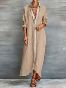 Khaki And Gray Contrast Placket Lapel Rolled Hem Long Sleeve Shirt Dress, Daily Commute And Date Wear Elegant - Apricot - View 3