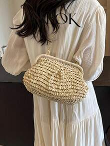 Sac de paille de plage d'été avec décoration de coquillages, sac à bandoulière mode chaîne pour les vacances - A - Voir 3