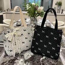 1pc/Women/Minimalist Style/Large Capacity/Fashionable Bag/Versatile Bag/Student Bag/Casual/Outing/Handheld/Commute/Lunch Box/Water-Resistant Bag/Canvas Material/Bowknot/ - View 7