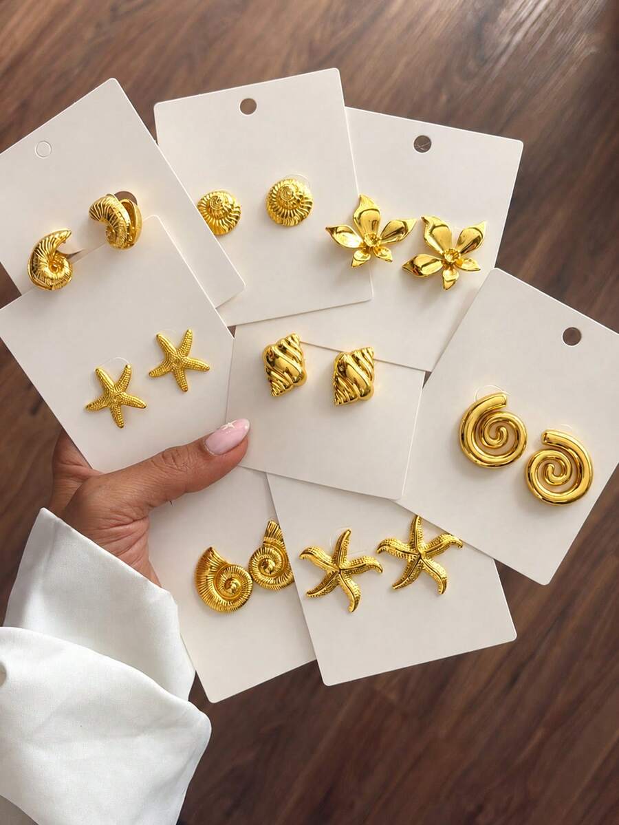 Juego de 2/10 piezas de pendientes de botón dorados con diseño minimalista elegante de flor, estrella de mar y concha para mujer, versátiles para uso diario, verano, playa, vacaciones, citas, fiestas, días festivos y regalo de cumpleaños - Amarillo Oro - Ver 1