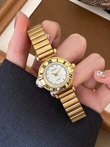 1件女款橢圓形銀色黑色方框金色錶盤石英休閒手錶，適合日常佩戴 - 白色 - 查看 3