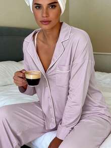 Nina Bonheur 2pcs Women Lapel Button Long Sleeve Top + Elastic Waist Pants Pajama Set - Purple - View 2