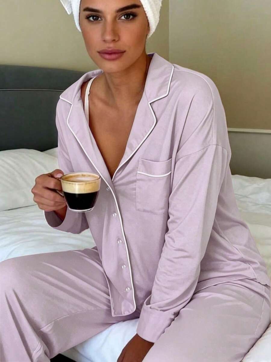 Nina Bonheur 2pcs Women Lapel Button Long Sleeve Top + Elastic Waist Pants Pajama Set