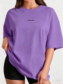 New Summer 2026 Collection, Locally Shipped Loose-Fit Graphic Tee, Short-Sleeve Breathable 100% Cotton, Casual Sports & Pilates Fitness Top - 紫色 - 查看 9