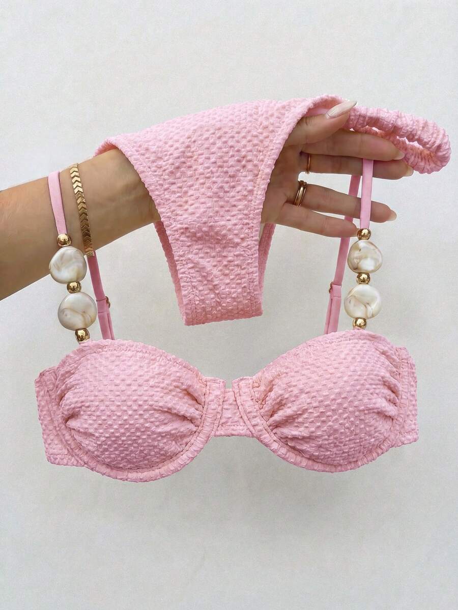 Bikinx 女款優雅串珠石飾紋理比基尼套裝,露背鋼圈設計,適合海灘度假,粉紅色 - 粉色 - 查看 1