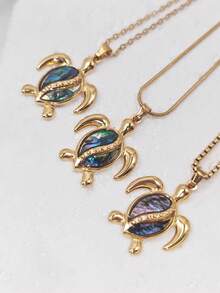 1pc Marine Life Series Stainless Steel Shell Inlaid Turtle Pendant 18K Women's Clavicle Necklace - Multicolor - View 4