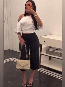 High Waist Wide Leg Capri Pants, Casual Pure Black Loose Capri Pants, Comfortable Slimming And Versatile Sports - Black - View 8