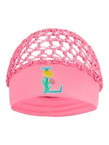 Floral Embroidered Letter Mesh Cap For Women - Personalized Initial Alphabet Elastic Wide Band Hair Bonnet, Crochet Hollow Out Night Sleep Hat - Pink - View 17