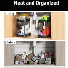 Under Sink Storage Rack, 2-Tier Bathroom Cabinet Organizer With Hooks, Multi-Purpose Storage Basket Shelf, Storage Rack, Home Storage Rack, Suitable For Kitchen, Living Room, Bedroom, Office, Commercial Restroom And Bathroom, Multi-Functional Storage Basket - View 9