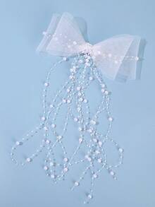 1 pièce Pince à cheveux alligator élégante et à la mode avec nœud surdimensionné, maille, perles et franges, accessoire pour voile de mariée, convient pour mariage et fête - Blanc - Voir 2