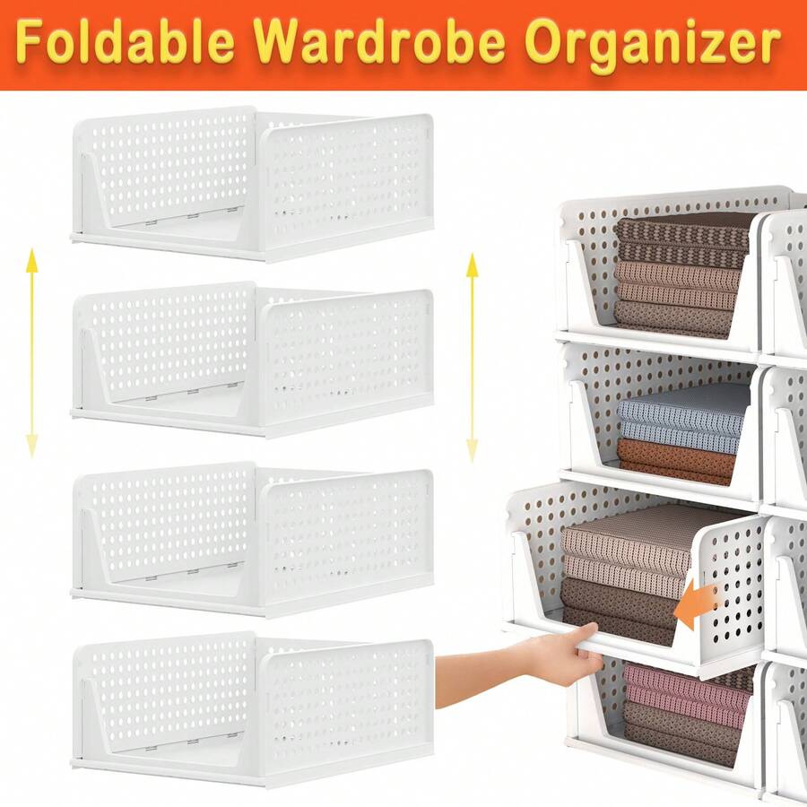 4 Pack Stackable Closet Storage Boxes, Multifunctional & Foldable Closet Organizer For Bathroom Kitchen Laundry Room Wardrobe Storage, Space-Saving Wardrobe Storage Drawer Organizer, White - View 1