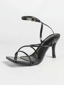 Women's Black Square Toe Open Toe Stiletto High Heel Shoes, Daily Commute Versatile Comfortable Elegant Minimalist Fairy Style - Black - View 2