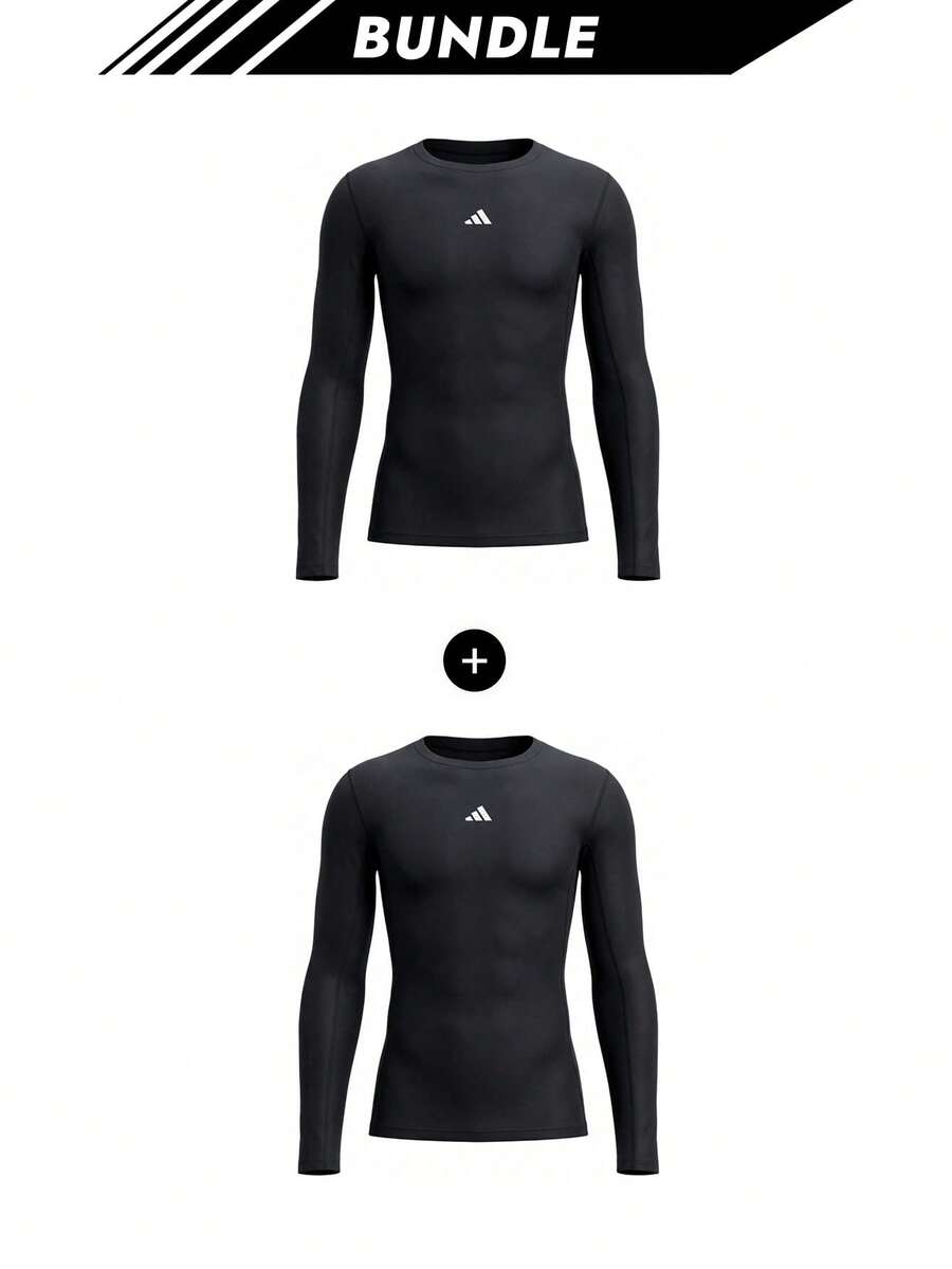 Adidas [Bundle] TREFOIL HOODED SWEAT Techfit Men's Long Sleeve Shirt Black X 2 - Black - View 1