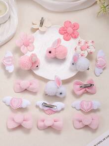 199pcs Pink Kids Sweet Cute Hair Accessories Set, Includes 3D Plush Rabbit/Flower/Heart Wings/Bow Hair Clips And Multiple High Elasticity Basic Hair Ties, Suitable For Children's Daily/Party/Photo Use - Multicolor - View 8