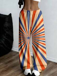 1 Pair Retro Style Wide Leg Pants Sunburst Stripe Pattern For Women Casual Streetwear - 白色 - 查看 1