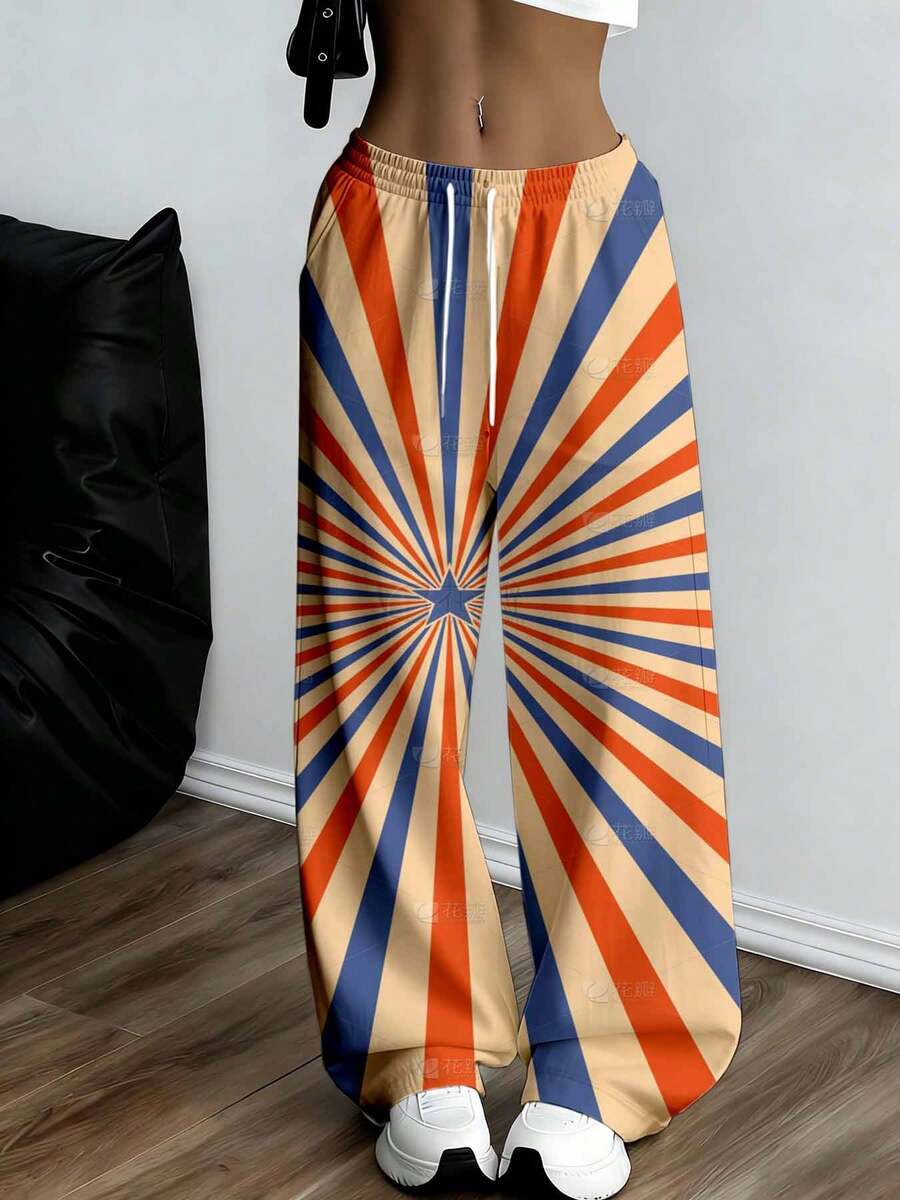 1 Pair Retro Style Wide Leg Pants Sunburst Stripe Pattern For Women Casual Streetwear - 白色 - 查看 1