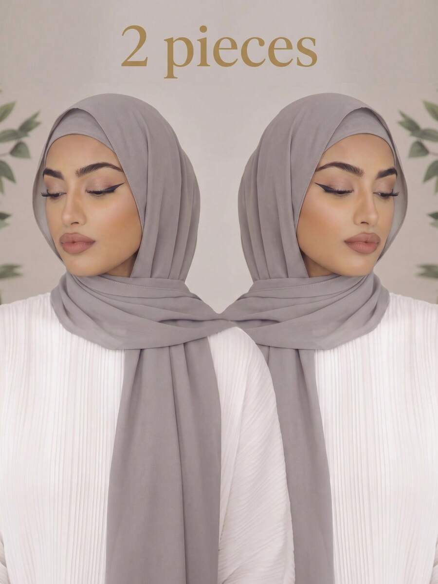 2pcs Casual Versatile Simple Solid Color Chiffon Scarf - Light Gray 2-pack - View 1