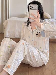 2pcs/Set Women's Puppy Print Textured Long Sleeve Pajamas, Suitable For All Seasons, Lapel Front Opening Cartoon Cute Style Loungewear - Apricot - View 6