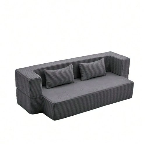 2-In-1 Convertible Sofa Bed In Corduroy, Modular Floor Sofa, No Assembly Required, Unfolding Sofa Bed With 2 Cushions - 灰色 - 查看 1