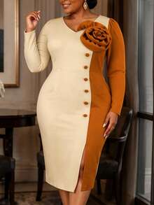Women Plus Size Color Block Bodycon Dress V Neck Long Sleeves 3D Floral Button Slit Elegant Church Party Wedding Guest Fall Outfit - Khaki - View 4