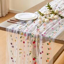 3pcs-Embroidered Tulle Tablecloth Daisy Summer Autumn Table Runner -Floral Tulle Tablecloth Wedding Party Table Runner Wedding Table Runner Tablecloth Wedding Table Runner - Multicolor - View 9