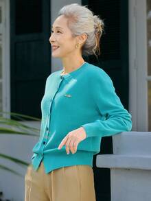 女款時尚深藍色開襟針織外套，鈕扣式毛衣夾克，適合萬聖節、感恩節、聖誕節節日穿搭 - 青碧色 - 查看 2