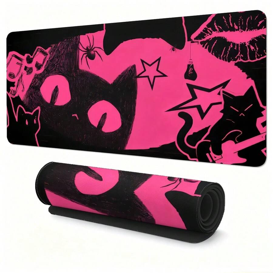Cat Pink & Black Mouse Pad | Cute Kawaii Desk Mat | Aesthetic Anime Cat Pad | Comfortable Workspace Decor | Gaming & Study Mouse Pad - Mouse Pad - View 1