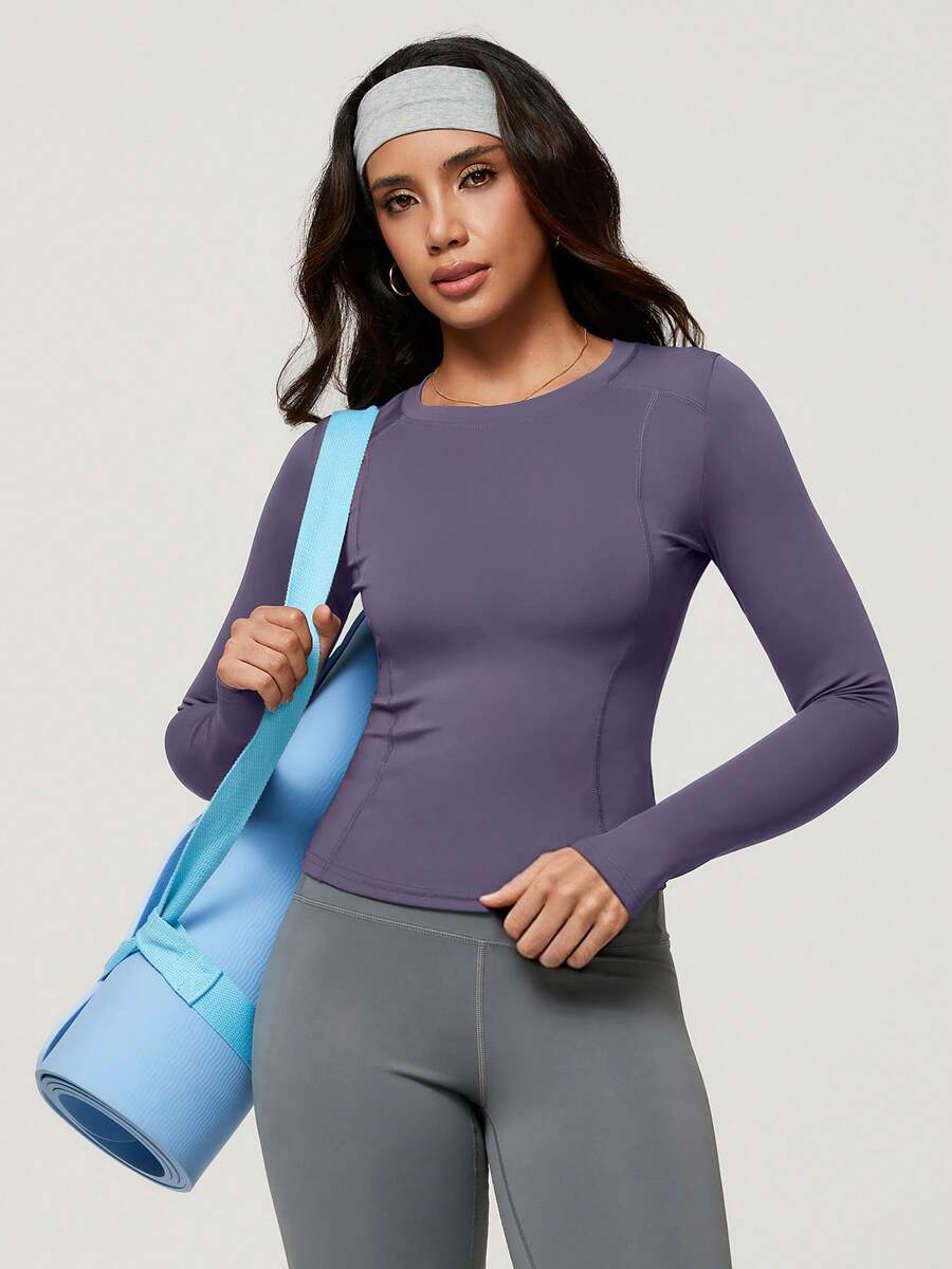 NcmRyu Women's 1pc Solid Color Round Neck Fitted Long Sleeve Sports Top, Autumn/Winter - Purple - View 1