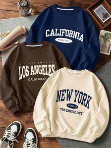 3pcs/Set Kids & Teens Vintage American City Letter Print Sweatshirt, Loose Fit Casual Everyday Top - Multicolor - View 1