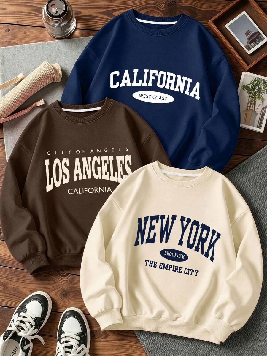3pcs/Set Kids & Teens Vintage American City Letter Print Sweatshirt, Loose Fit Casual Everyday Top - Multicolor - View 1