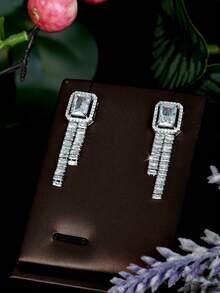 1 Set Minimalist Elegant Mini Pear-Shaped Zirconia Jewelry Set, Delicate Tennis Chain Low-Key Sparkling Diamond Design + High-End Business Cocktail, Brand Salon Exquisite Outfit Accessories - Silver - View 3