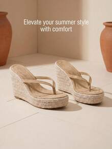Round Toe Casual Daily Sexy Versatile Party White Thong Flip Flops Slip-On Rope Wedge Thick Sole Women's Outdoor Beach Sandals, Holiday Essential - Apricot - View 3
