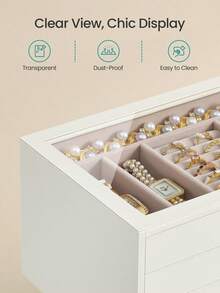 Jewellery Box, 3-Layer Jewellery Storage Organiser With Glass Window, 3 Drawers, Large Capacity, Modern, Golden Handles, Gift Idea, 16 X 24 X 12.5 Cm, Cream White - Multicolor - View 4