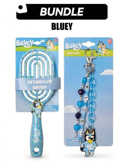 Bluey 1 Pack Detangling Hair Brush & 1 Pack Beaded Bag Clip Charm Bundle Set – Gentle Detangling, Knot-Free Smooth, Ergonomic Grip, Kids Hair Brush
