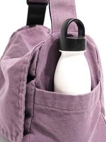 Minimalist Solid Color Versatile Thick Canvas Fabric Crossbody Bag Shoulder Bag Zipper Closure Adjustable Strap - Purple - View 8