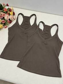 2pcs/Set Women's Summer Camisole Tank Tops, Slim Fit Solid Color Basic Style, With Chest Pads Undershirt - Multicolor - View 2