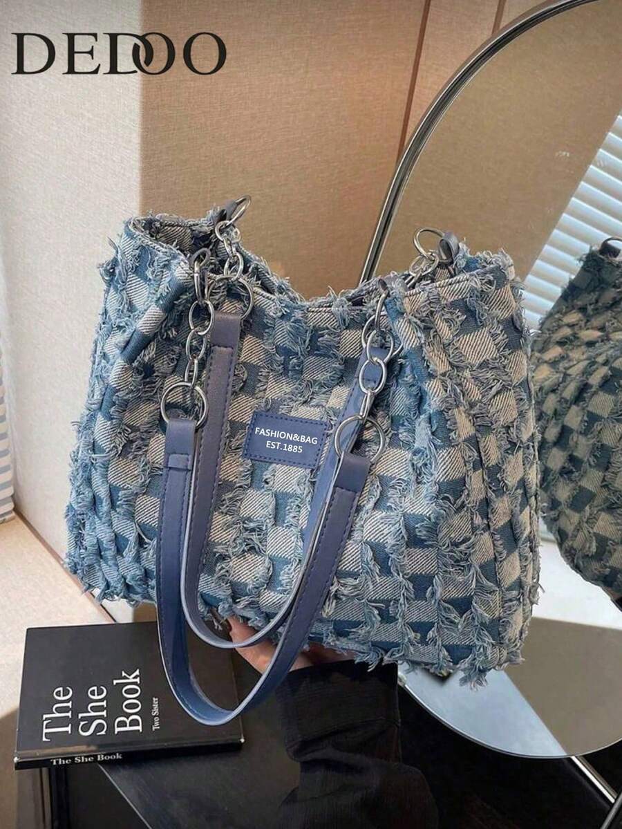Fashion Striped Large Capacity Chain Zipper Tote - Daily Commute Shoulder Bag For Girls, Students, Office. - Blue - View 1
