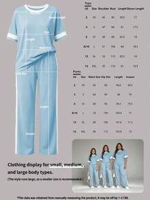2pcs/Set Atasan Lengan Pendek Leher Bulat Kasual Wanita Motif Blok Warna dan Celana Panjang Lurus Pinggang Tinggi dengan Tali Serut, Elegan untuk Musim Semi/Panas - Langit biru - View 8