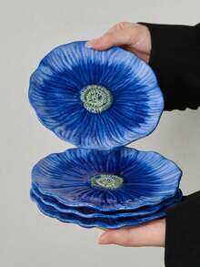 Cabin Kangaroo Blue Poppy Ceramic Plate, Hand-Painted Embossed Floral Dessert Plate, 6-Inch Aesthetic Snack Plate, Suitable For Appetizers, Snacks, Home Kitchen Tableware Decor, Housewarming Gift - Multicolor - View 4