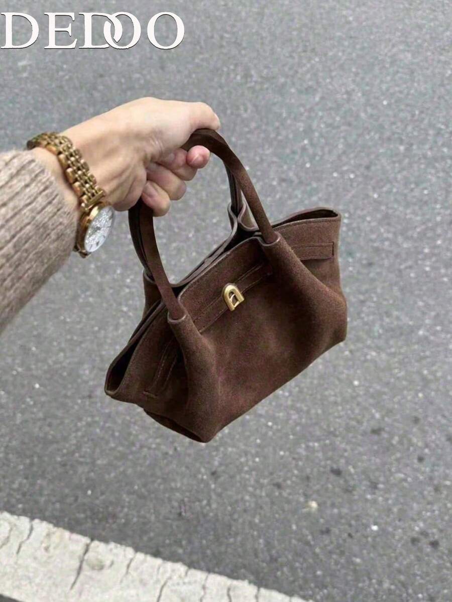 Dedoo 欧美时尚设计麂皮搭扣水桶包，女士秋冬购物、通勤、派对礼品手提包