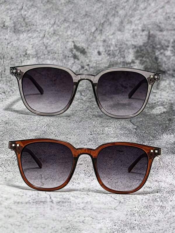 2 piezas Gafas de moda cuadradas clásicas con degradado, marcos transparentes y marrones, decoración con remaches, estilo de moda vintage diario, accesorio de ropa de calle unisex