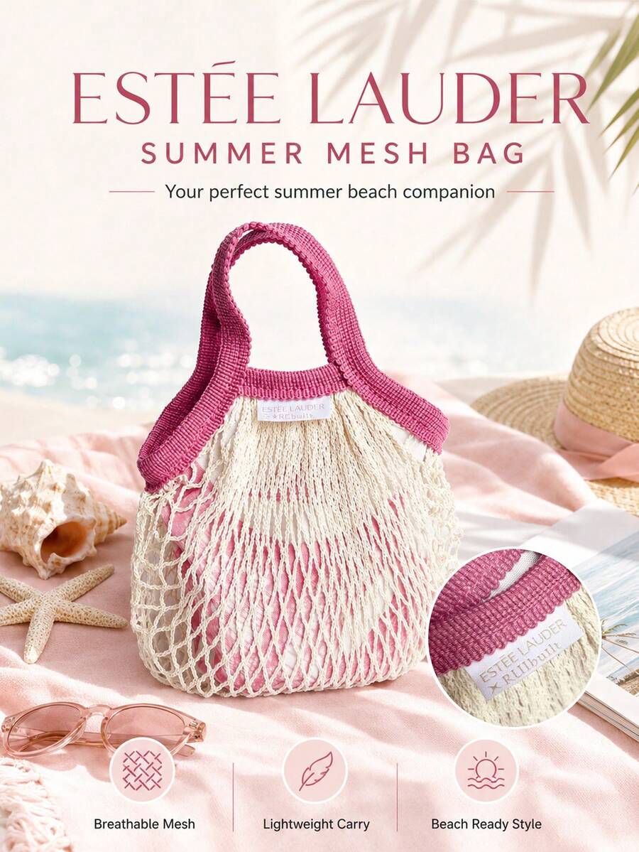 Estée Lauder Summer Mesh Bag 23*32cm, Hollow Breathable Woven Mesh, With Smooth Lining, Perfect For Storing Makeup, Suitable For Personal Use Or As A Gift