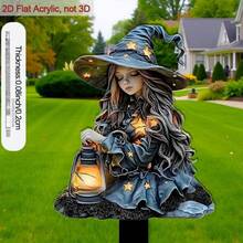 2D Acrylic Garden Stake Decor, Depicting A Girl In Witch Costume, Ideal For Beautifying Flower Pots, Perfect As Outdoor Garden Gift, Vintage And Decorative Art Style - A - View 7