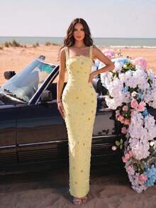Nuevo vestido maxi de dama de honor sexy con tirantes de espagueti, cuello cuadrado, espalda descubierta, diseño floral con strass de alta gama, unicolor y ajuste ceñido - Amarillo claro - Ver 3