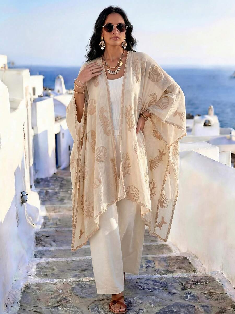1件極簡優雅海洋生物圖案刺繡開襟披肩,女款春夏和服式圍裙,沙龍,海灘度假防曬罩衫,時尚百搭輕奢裝飾開襟衫,適合日常穿著,禮品首選 - 米色 - 查看 1