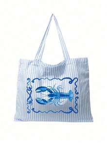 Casual Striped Canvas Tote Bag, Fun Lobster Print, Large Capacity Summer Beach Shoulder Bag, With Small Makeup Bag, Women's Casual Travel Shopping Handbag, Zipper Coin Purse, Daily Casual Handbag, Suitable For Beach, Travel, Camping, School, Outdoor Activities, Daily Life, Unique Birthday Gift, Holiday Gift, Party Gift, Vacation Gift, Back To School Gift - Multicolor - View 12