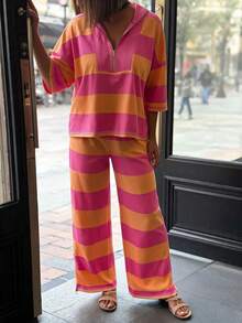 Acelitt Women's Rose Red & Orange Wide Stripe Half-Zip 3/4 Sleeve Top And Wide Leg Pants Loungewear Set - Multicolor - View 2