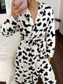Autumn/Winter Women's Plush Cow Print Hooded Long Robe Loungewear - Black and White - View 4